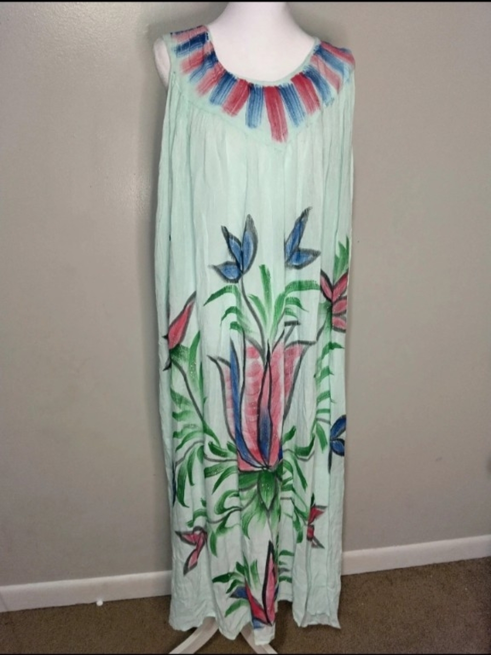 Mint Floral Sleeveless Maxi Dress with Hand-Painted Detail